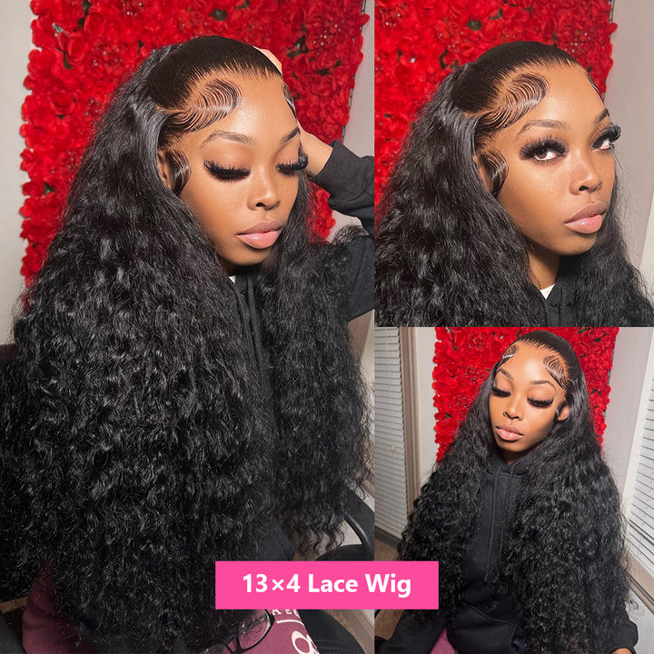 180% Density Deep Wave 13x6 13x4 Lace Frontal Wig Natural Color Human Hair Wig