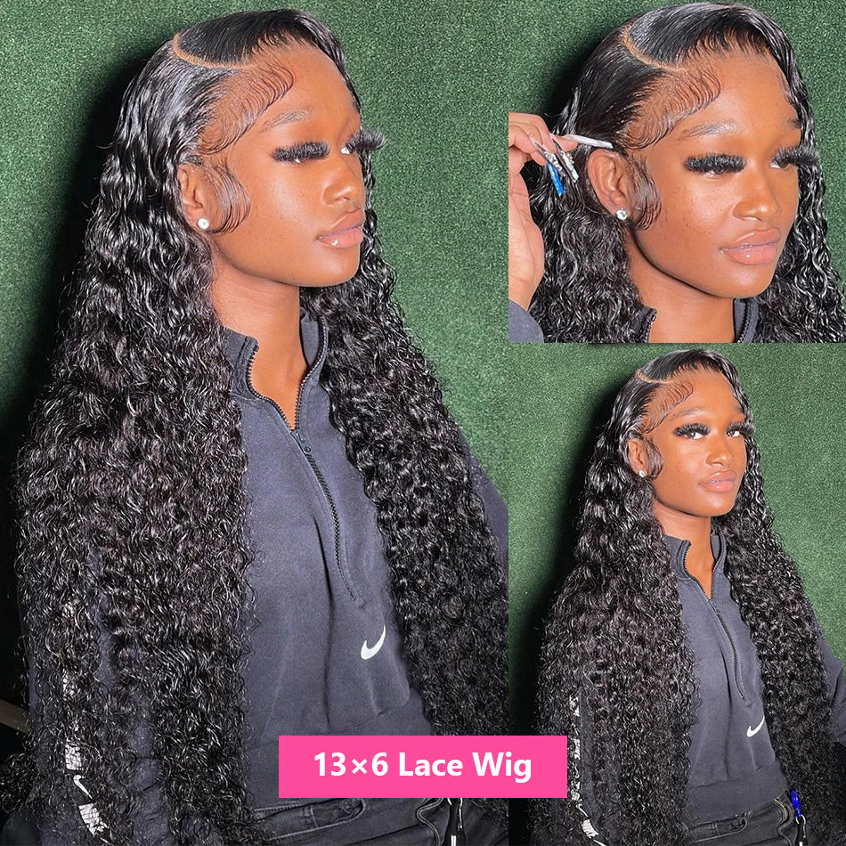180% Density Deep Wave 13x6 13x4 Lace Frontal Wig Natural Color Human Hair Wig