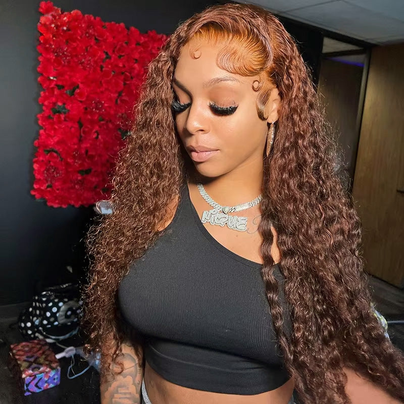 Super Sale Brown Color #4 Deep Wave Lace Front Human Hair Wigs 180% Density