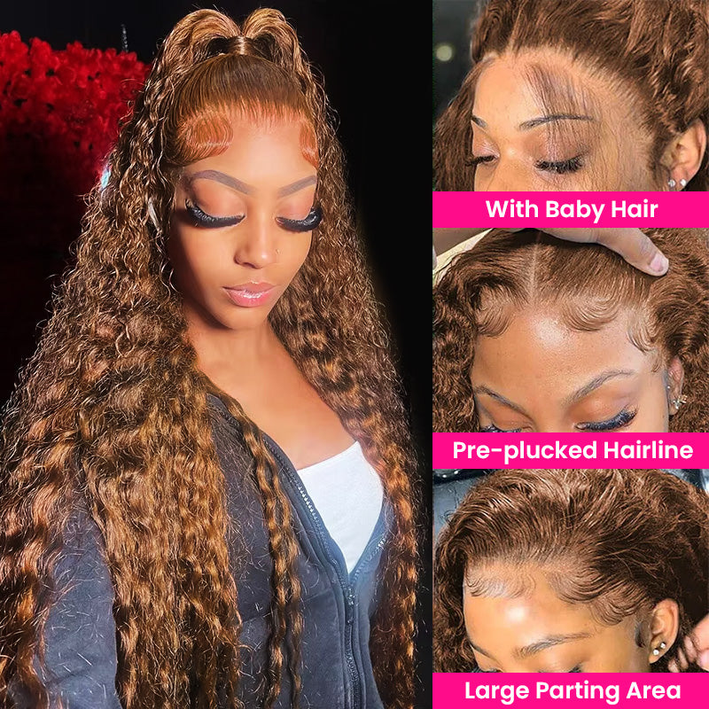 Super Sale Brown Color #4 Deep Wave Lace Front Human Hair Wigs 180% Density