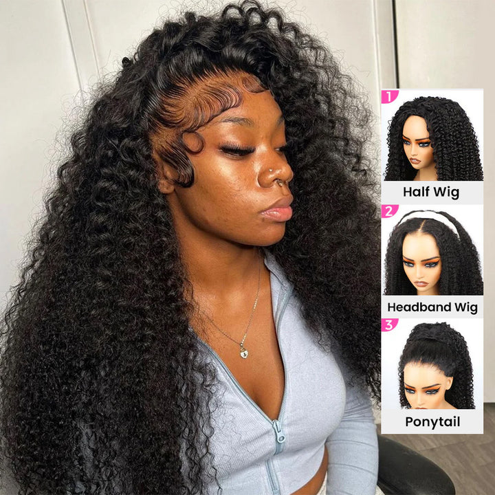 [No Code Needed] Deep Wave Human Hair Half Wig With Drawstring 3 IN 1 Seamless Clip Ins