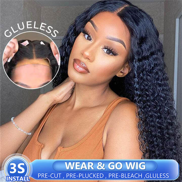 Pre-bleach Knots Deep Wave HD Glueless Wig with Pre Cut Wig Wear&Go