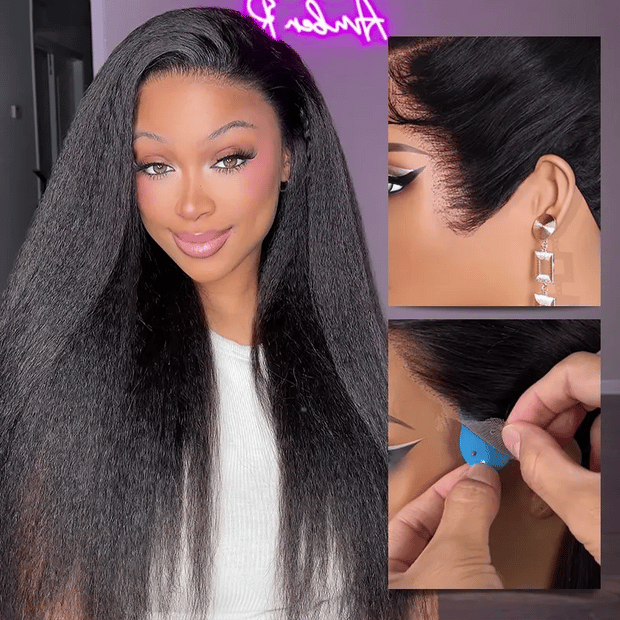 New In Pull Go Kinky Straight Glueless 13X4/13x6 Full Lace Wigs With Hidden Drawstring Pre Bleached Pre Cut Lace Human Hair Wig