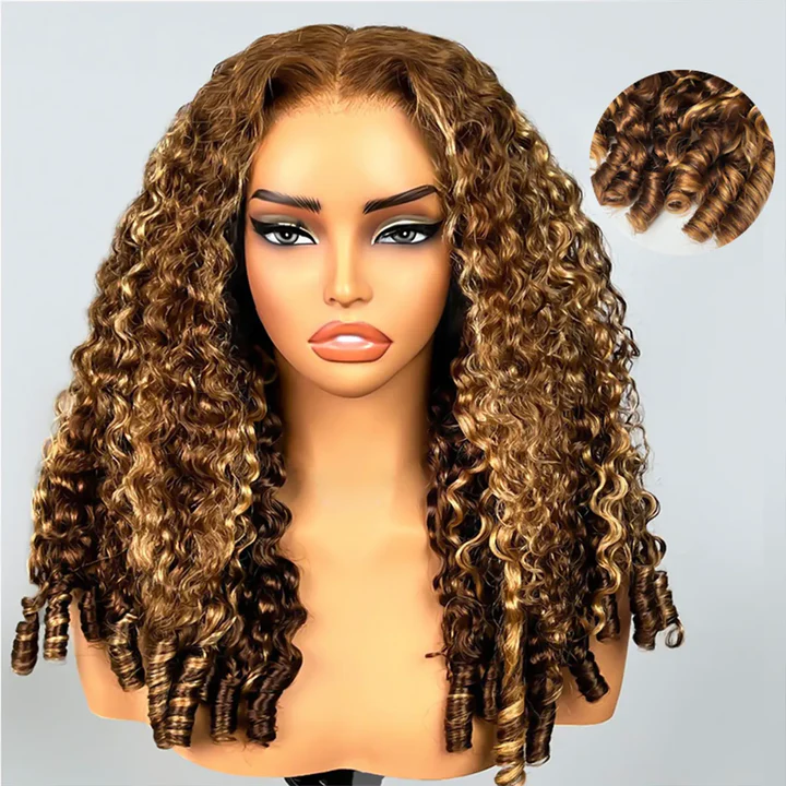 Highlights Ombre Burmese Curly Glueless Wig Human Hair Pull Go 13x6 13x4 Full Lace Snug Fit Drawstring Wear And Go Wig