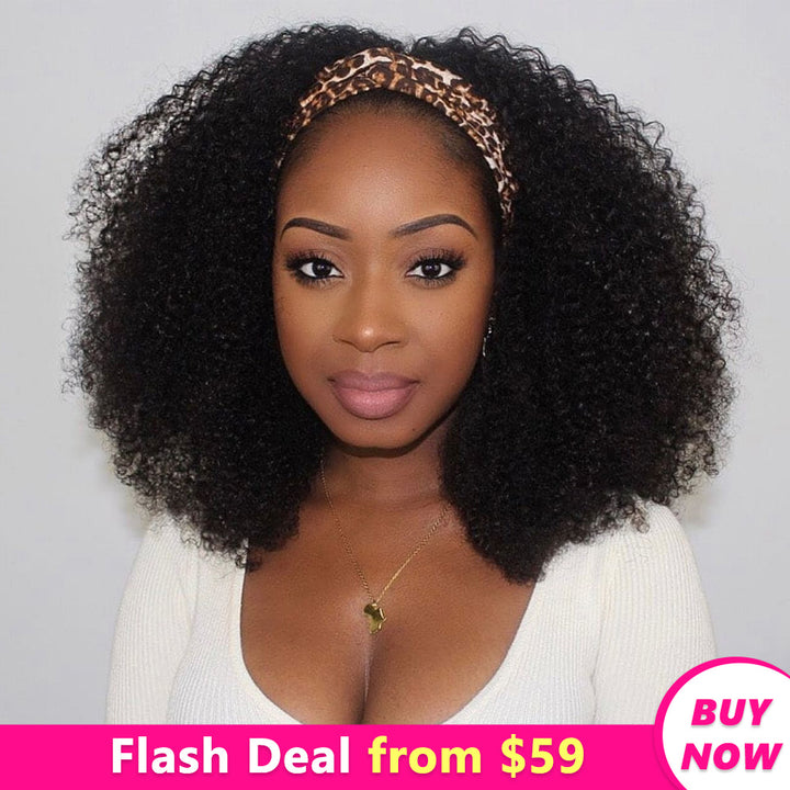 Flash Deal Afro Kinky Curly Headband Human Hair Wigs No Code Needed