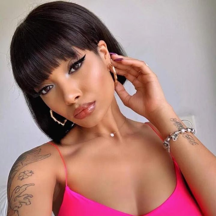 Straight Human Hair Short Bob Wig With Bangs Glueless Full Machine Made Fringe Wigs