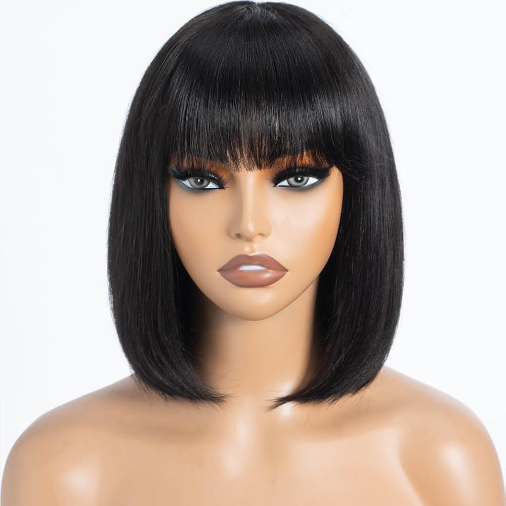 Straight Human Hair Short Bob Wig With Bangs Glueless Full Machine Made Fringe Wigs
