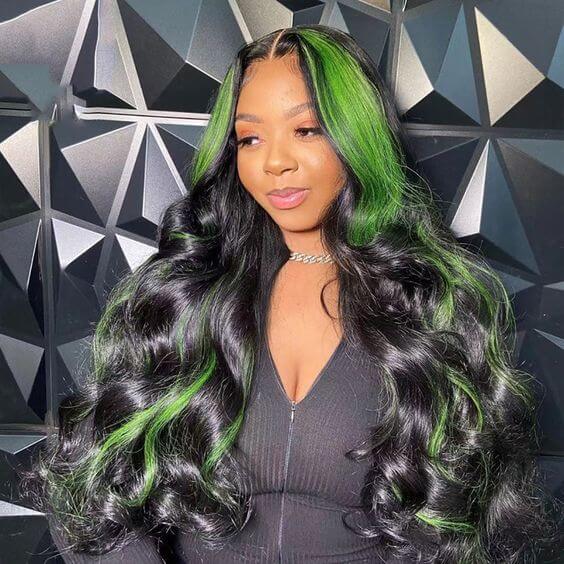 Highlight Green/Pink Body Wave Lace Front Wig Colored Brazilian Remy Virgin Hair Glueless Wig丨No Code Need