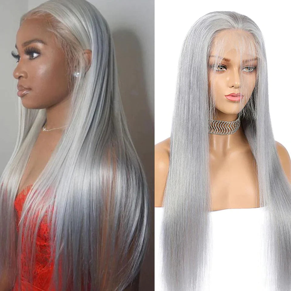 Super Sale Transparent Lace Frontal Wig Brazilian Straight Silver Grey Lace Front Human Hair Wigs 180% Density