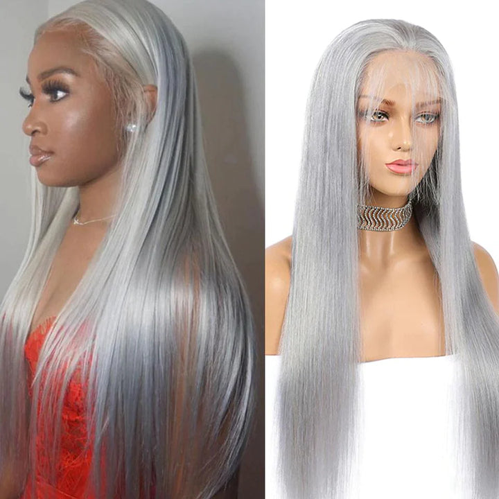 Super Sale Transparent Lace Frontal Wig Brazilian Straight Silver Grey Lace Front Human Hair Wigs 180% Density