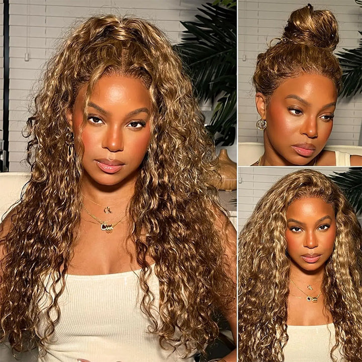 Invisible Strap Water Wave Highlight 360 Glueless Lace Frontal Human Hair Wigs