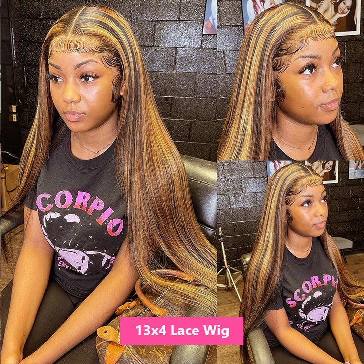 Straight Highlight Lace Front Wig Honey Blonde and Brown Colored Human Hair Wigs