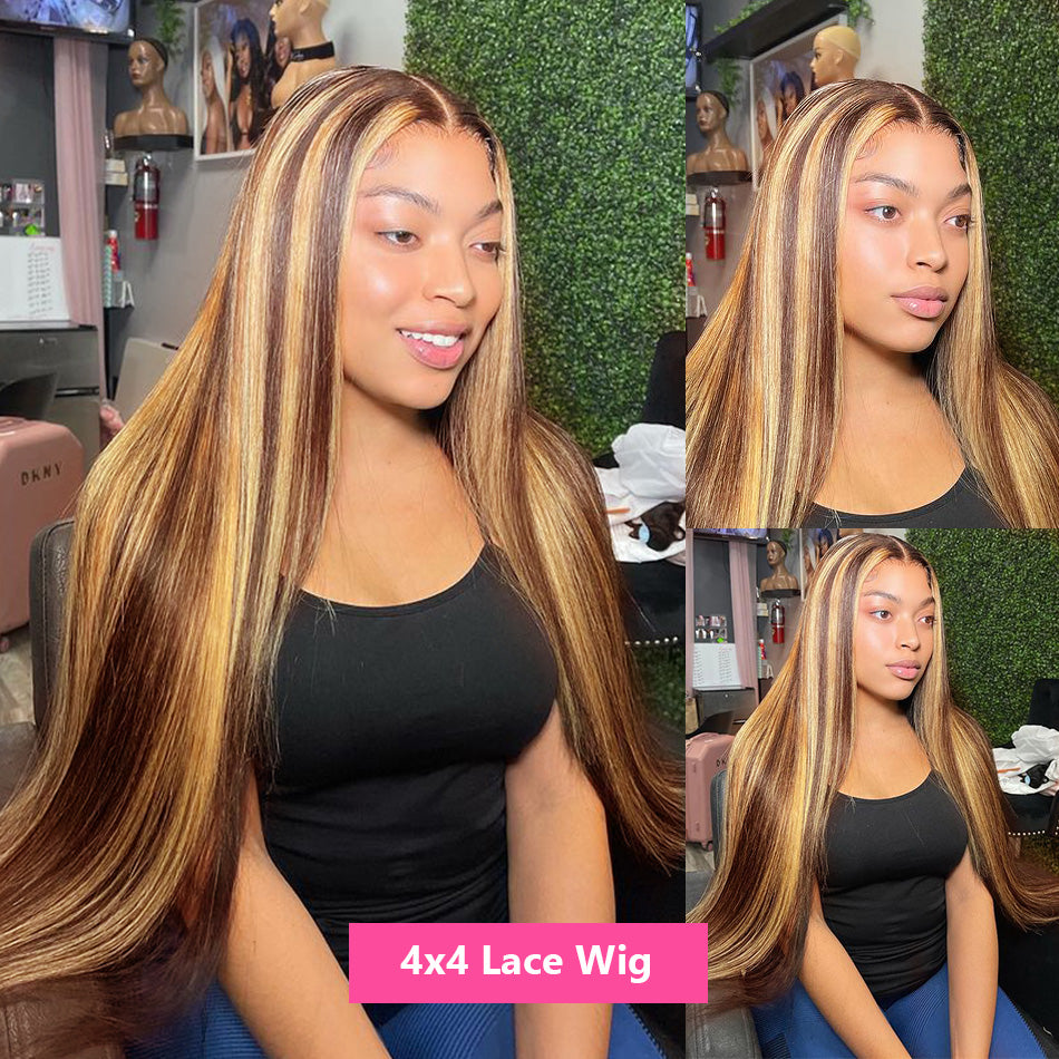 Straight Highlight Lace Front Wig Honey Blonde and Brown Colored Human Hair Wigs