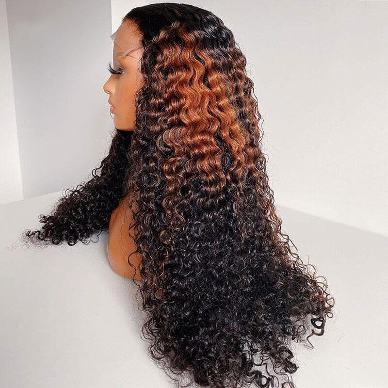 Curly Lace Closure Wig Highlight Brown Colored Lace Frontal Human Hair Wigs
