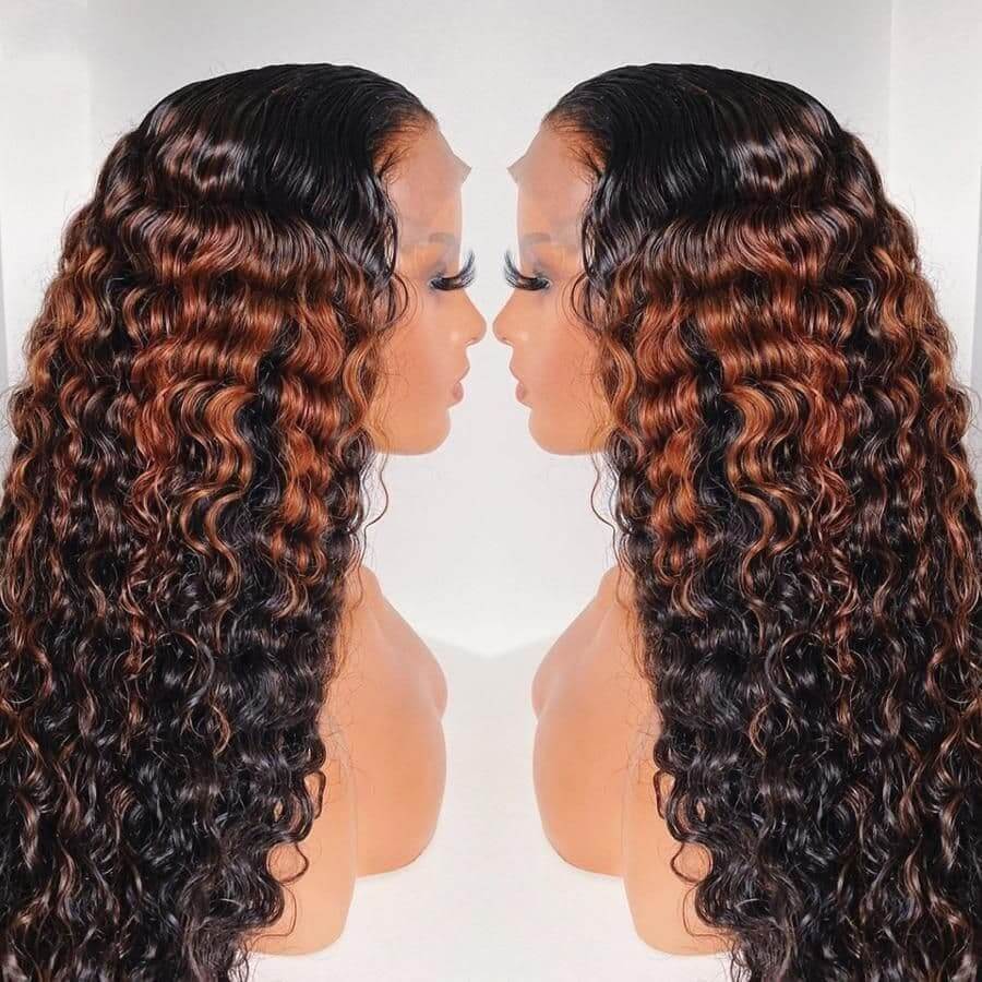 Curly Lace Closure Wig Highlight Brown Colored Lace Frontal Human Hair Wigs