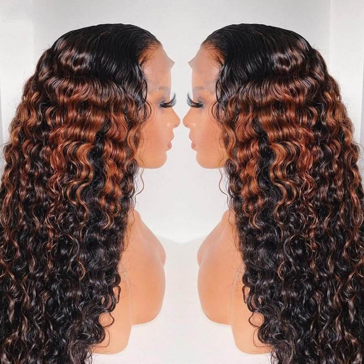 Curly Lace Closure Wig Highlight Brown Colored Lace Frontal Human Hair Wigs