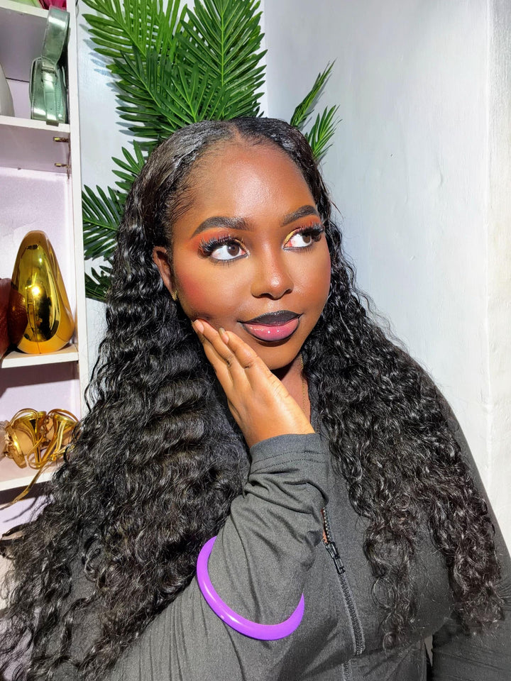 Drawstring Pull Go Wig | Deep Wave Curly V Part Glueless Wig Beginner Friendly Undetectable Leave Out Natural Scalp Thick Human Hair Blinghair