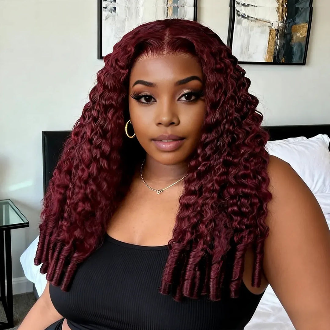 99J Burgundy Burmese Curly Glueless Wig Human Hair Pull Go 13x6 Full Lace Snug Fit Drawstring Wear And Go Wig