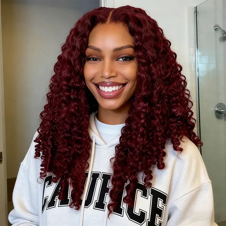 99J Burgundy Burmese Curly Glueless Wig Human Hair Pull Go 13x6 Full Lace Snug Fit Drawstring Wear And Go Wig