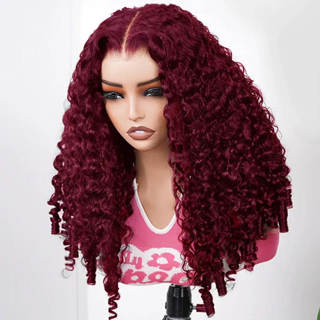 99J Burgundy Burmese Curly Glueless Wig Human Hair Pull Go 13x6 Full Lace Snug Fit Drawstring Wear And Go Wig