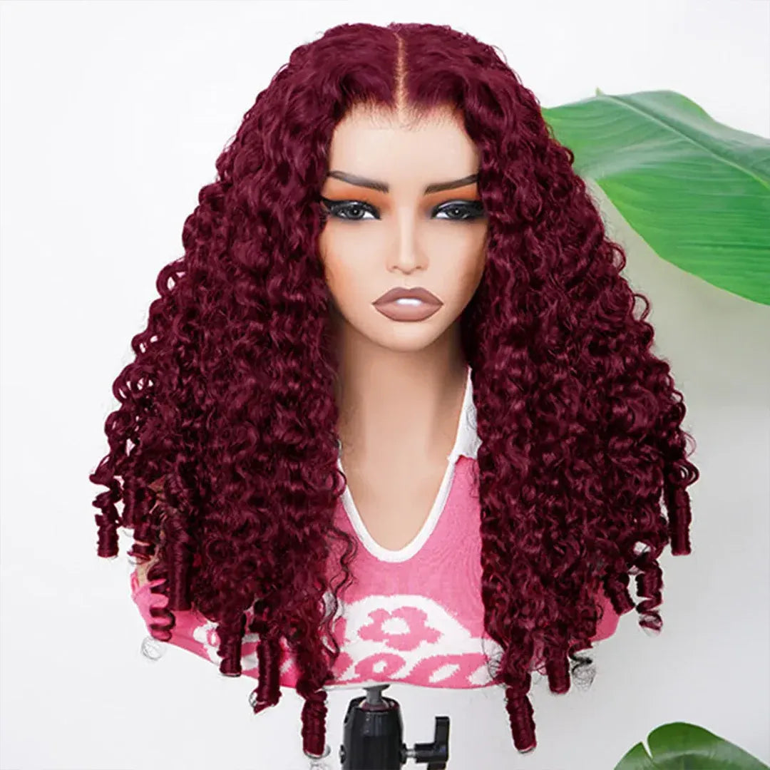 99J Burgundy Burmese Curly Glueless Wig Human Hair Pull Go 13x6 Full Lace Snug Fit Drawstring Wear And Go Wig