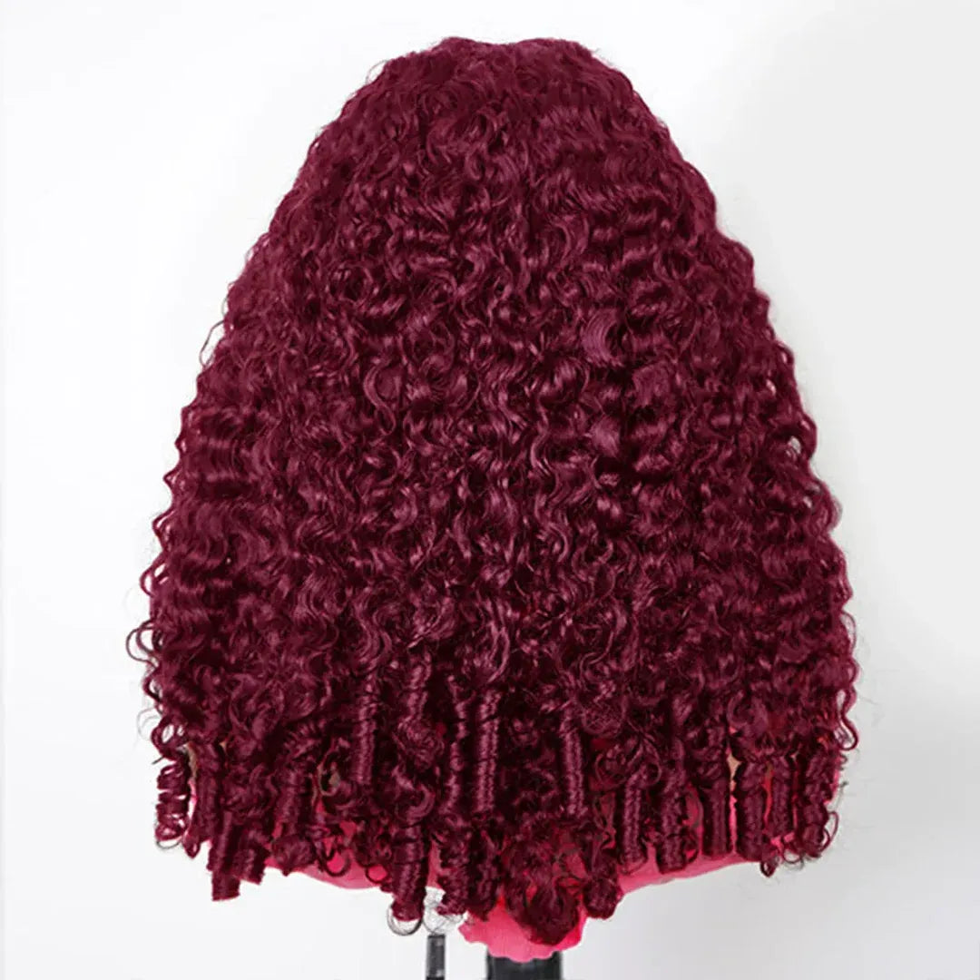 99J Burgundy Burmese Curly Glueless Wig Human Hair Pull Go 13x6 Full Lace Snug Fit Drawstring Wear And Go Wig