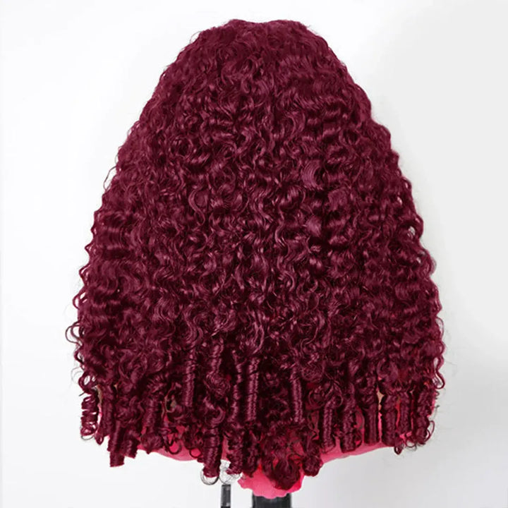 99J Burgundy Burmese Curly Glueless Wig Human Hair Pull Go 13x6 Full Lace Snug Fit Drawstring Wear And Go Wig