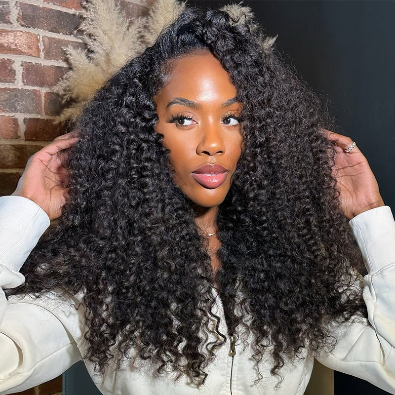 [No Code Needed] Kinky Curly Human Hair Half Wig With Drawstring 3 IN 1 Seamless Clip Ins Flip Over