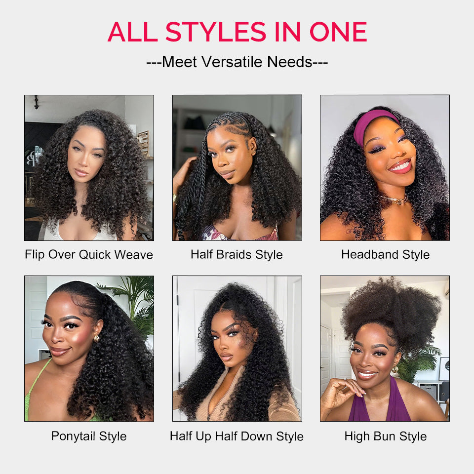 [No Code Needed] Kinky Curly Human Hair Half Wig With Drawstring 3 IN 1 Seamless Clip Ins Flip Over