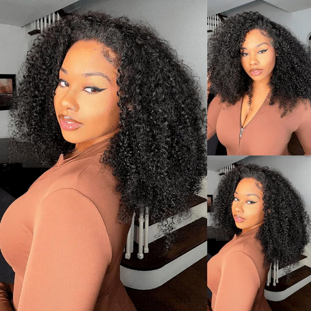 [No Code Needed] Kinky Curly Human Hair Half Wig With Drawstring 3 IN 1 Seamless Clip Ins Flip Over