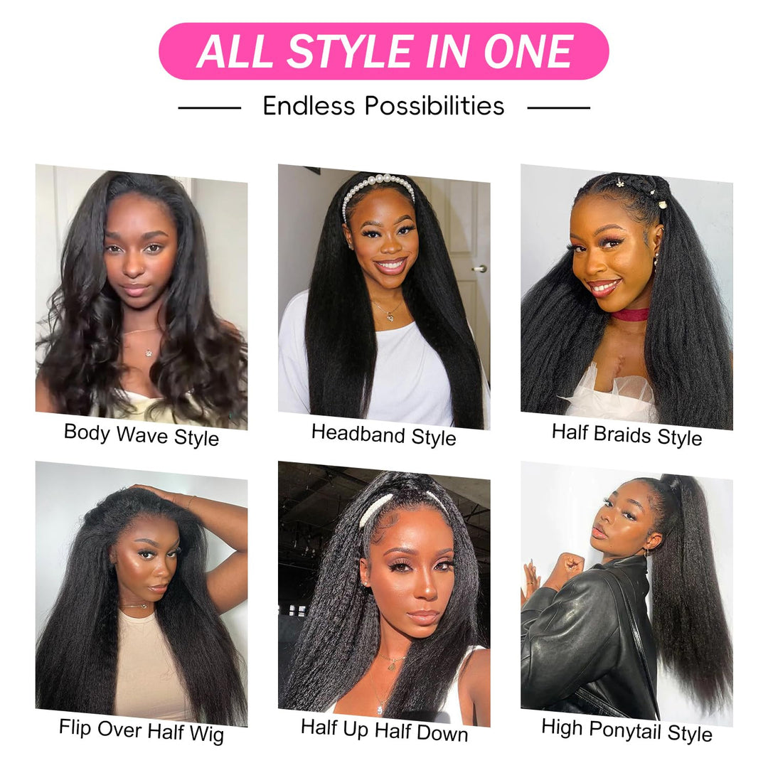 [No Code Needed] Kinky Straight Half Wig 3 IN 1 Glueless Human Hair Wigs