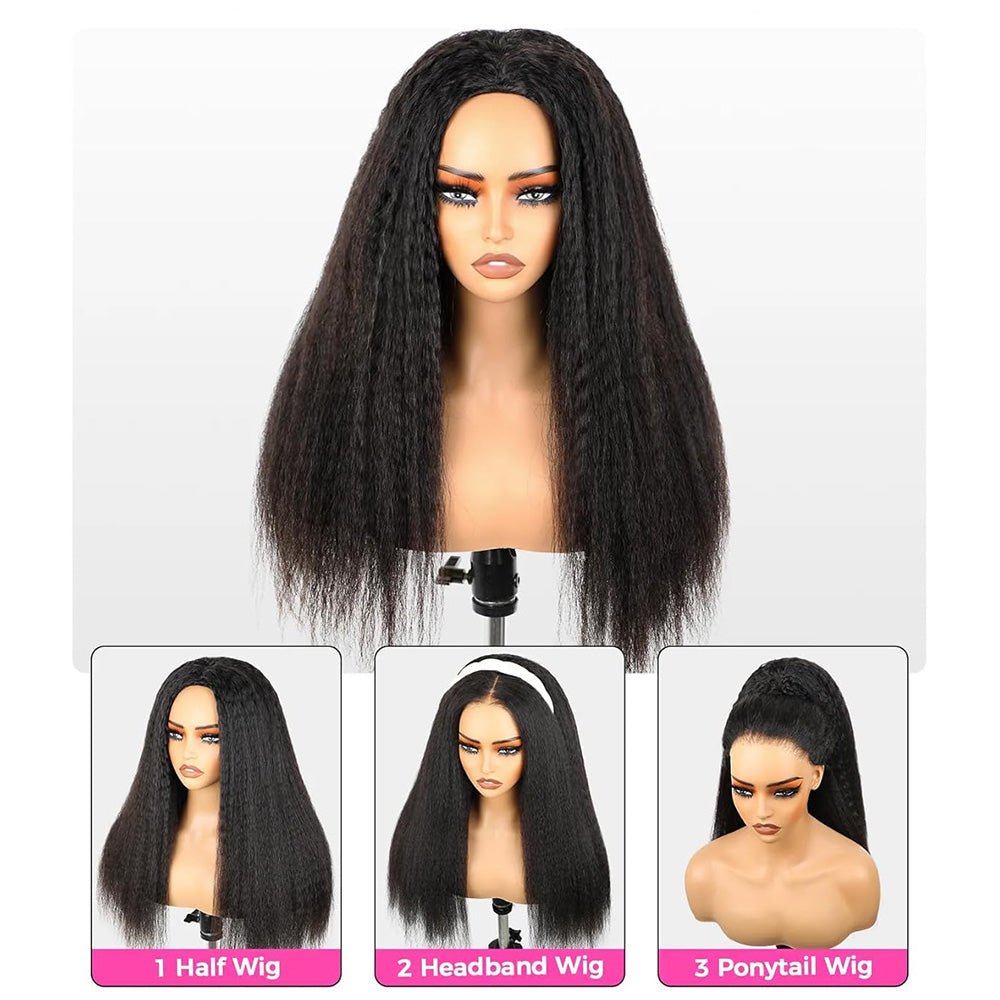 [No Code Needed] Kinky Straight Half Wig 3 IN 1 Glueless Human Hair Wigs