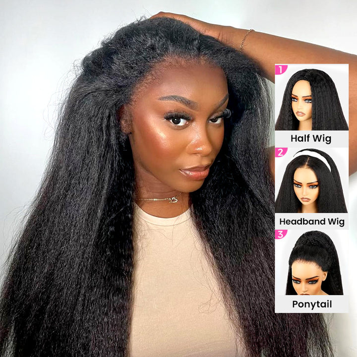 [No Code Needed] Kinky Straight Half Wig 3 IN 1 Glueless Human Hair Wigs