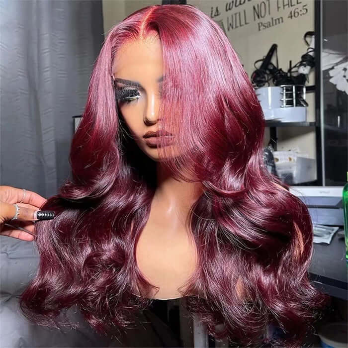 Body Wave Burgundy Curtain Bangs Human Hair 13x4/13x6/5x5 Lace Wigs