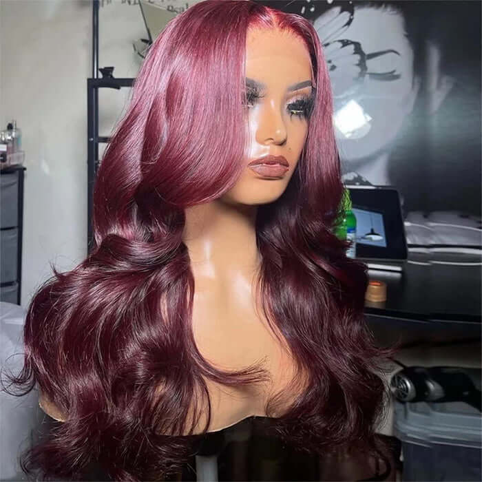 Body Wave Burgundy Curtain Bangs Human Hair 13x4/13x6/5x5 Lace Wigs