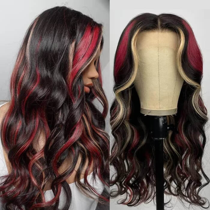 Multi Color Highlight Wigs Loose Body 13x4 Lace Front Wigs Black With Blonde Red Streaks
