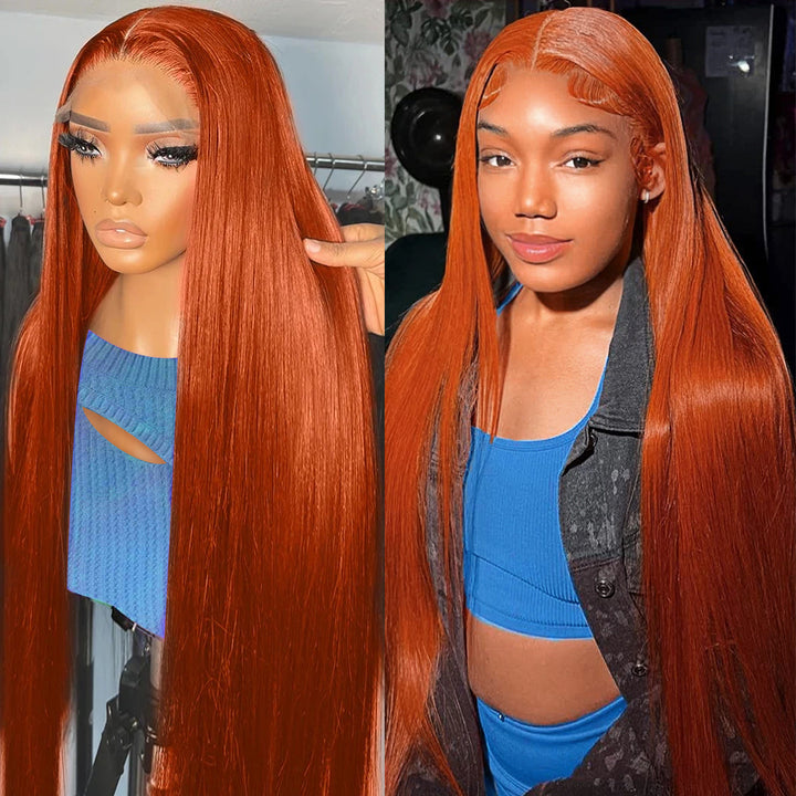 Super Sale 13x4/13x6 Lace Front Human Hair Wigs Reddish Ginger Brown Straight #33