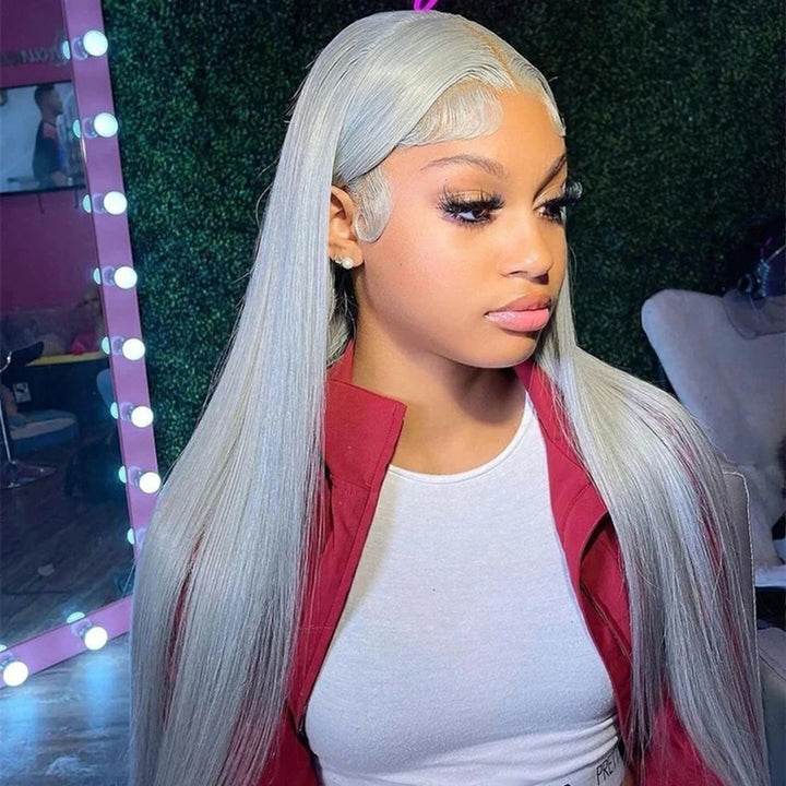 Super Sale Transparent Lace Frontal Wig Brazilian Straight Silver Grey Lace Front Human Hair Wigs 180% Density