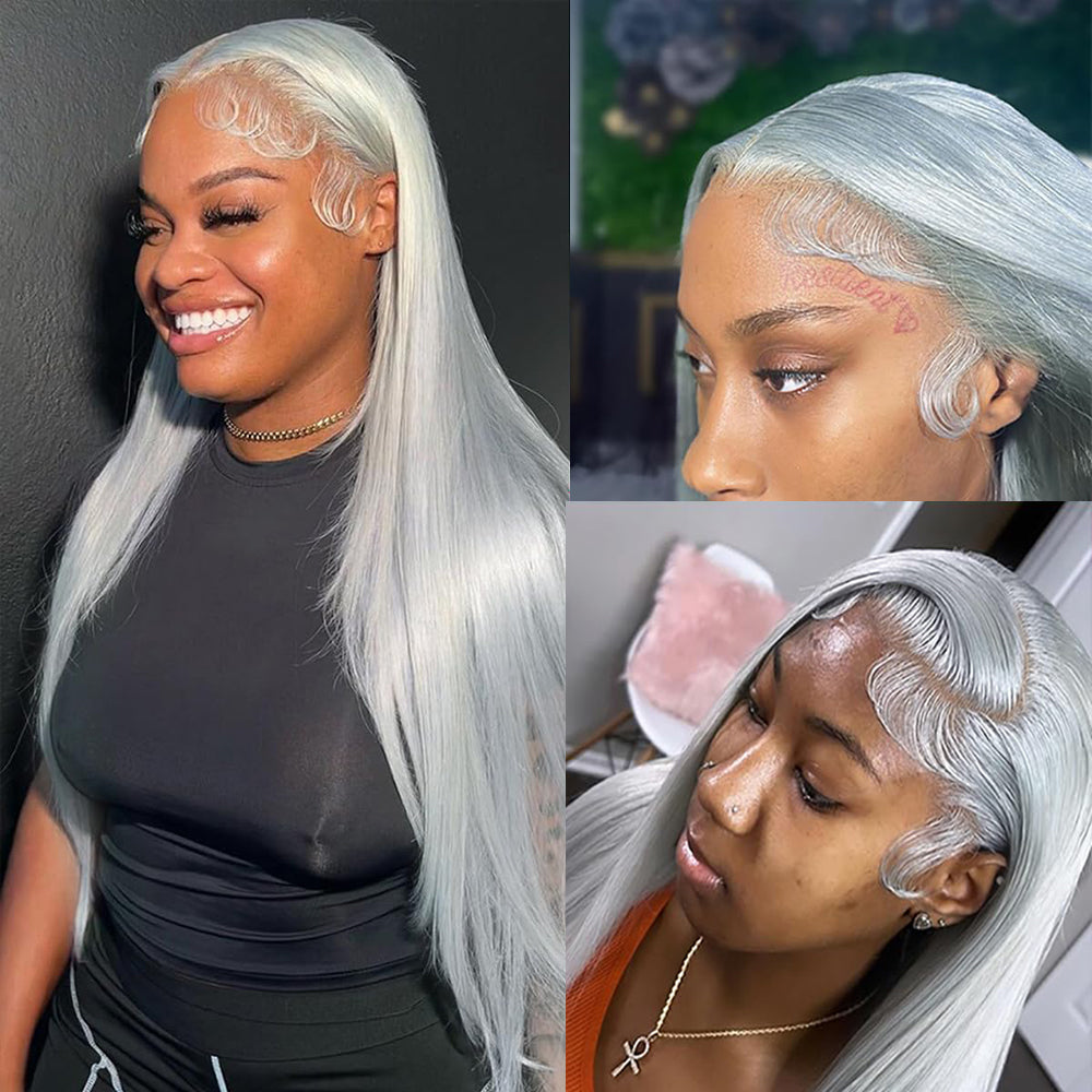 Super Sale Transparent Lace Frontal Wig Brazilian Straight Silver Grey Lace Front Human Hair Wigs 180% Density