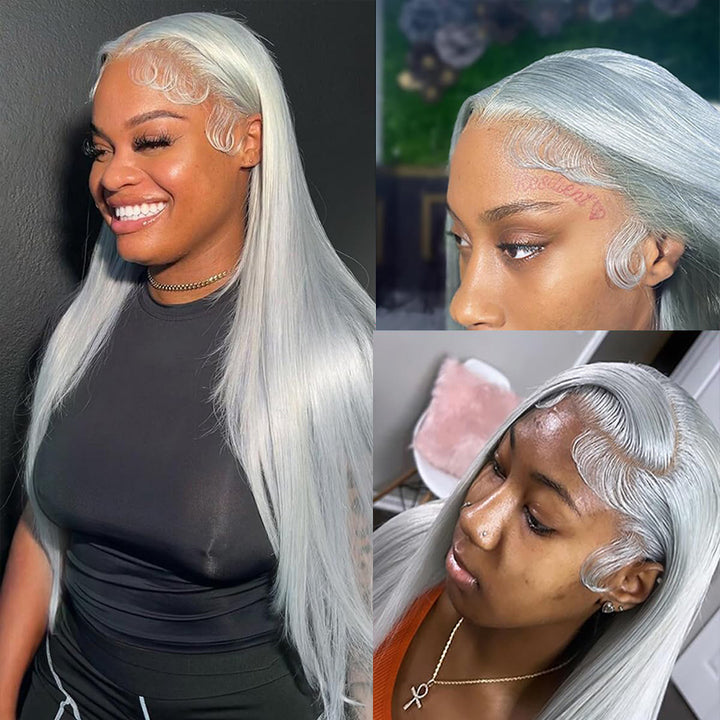 Super Sale Transparent Lace Frontal Wig Brazilian Straight Silver Grey Lace Front Human Hair Wigs 180% Density