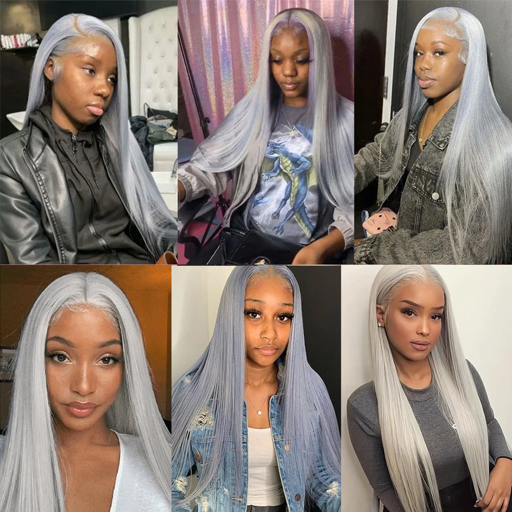 Super Sale Transparent Lace Frontal Wig Brazilian Straight Silver Grey Lace Front Human Hair Wigs 180% Density