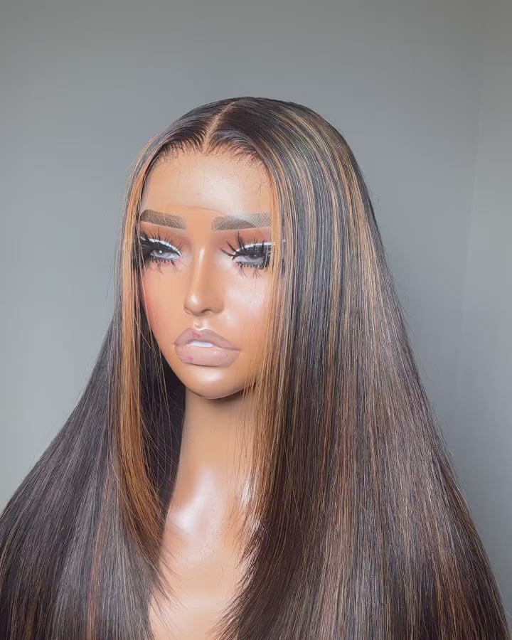 Dark Brown Mixed Highlight Inner Buckle Straight 13x4 Lace Front Butterfly Haircut Wig With Medium Length Layered Hair