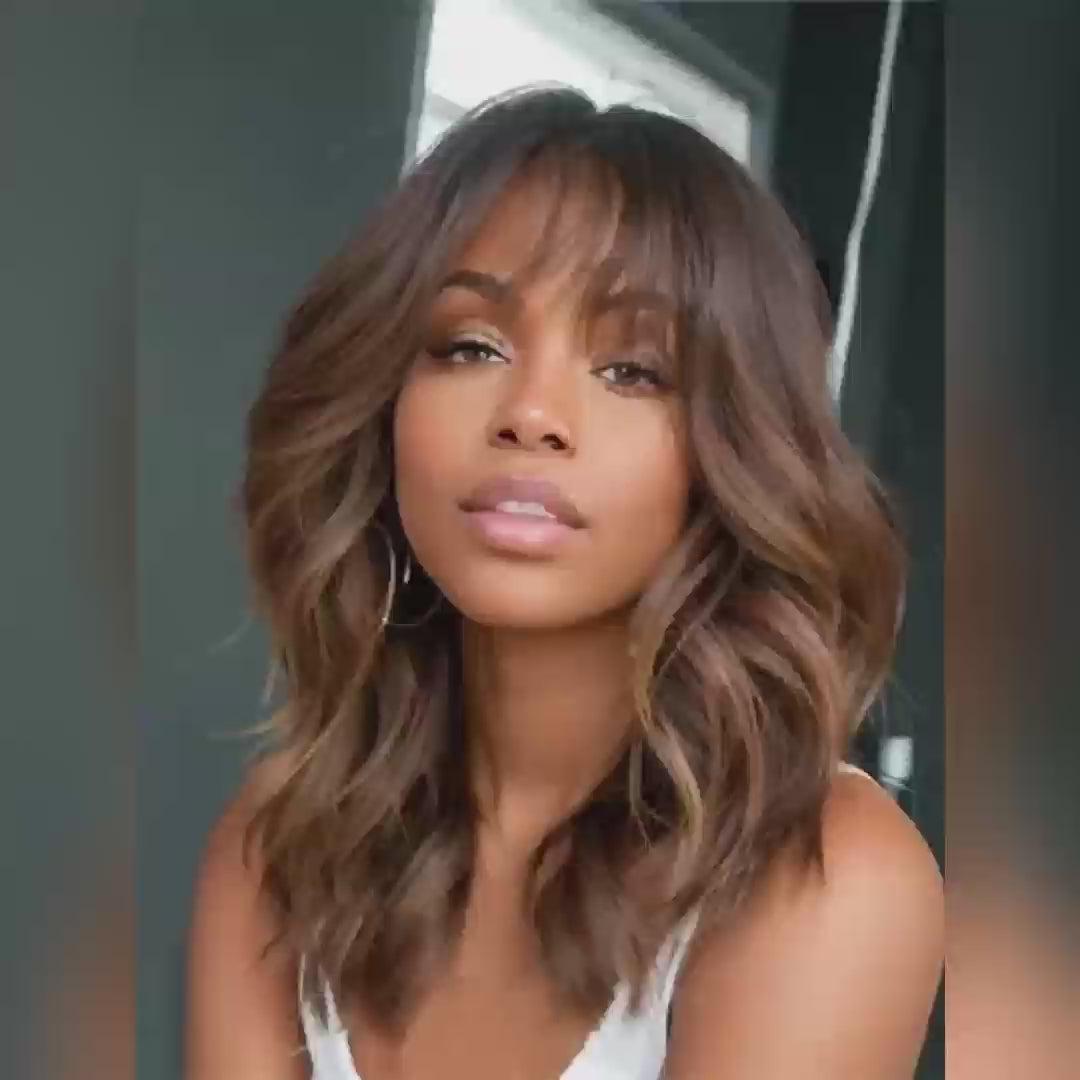 Curtain Bangs Glueless Wigs Layered Cut Wavy Brown Ombre Colored Wig Bleached Knots Natural Hairline