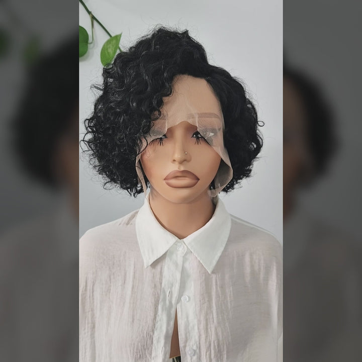 Short Curly Side Part 13x1 T Lace Bob Human Hair Wigs Pixie Cut