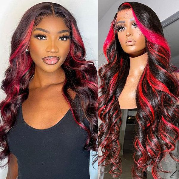 Highlight Rose Red With Dark Burgundy Loose Wave 13x4 Front Wig Colored Human Hair Wigs