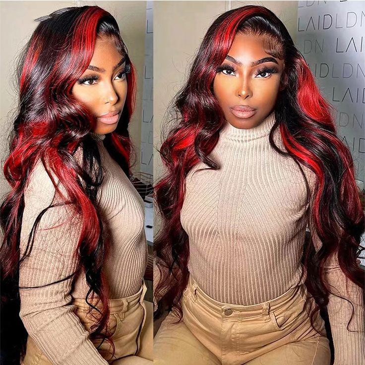 Highlight Rose Red With Dark Burgundy Loose Wave 13x4 Front Wig Colored Human Hair Wigs