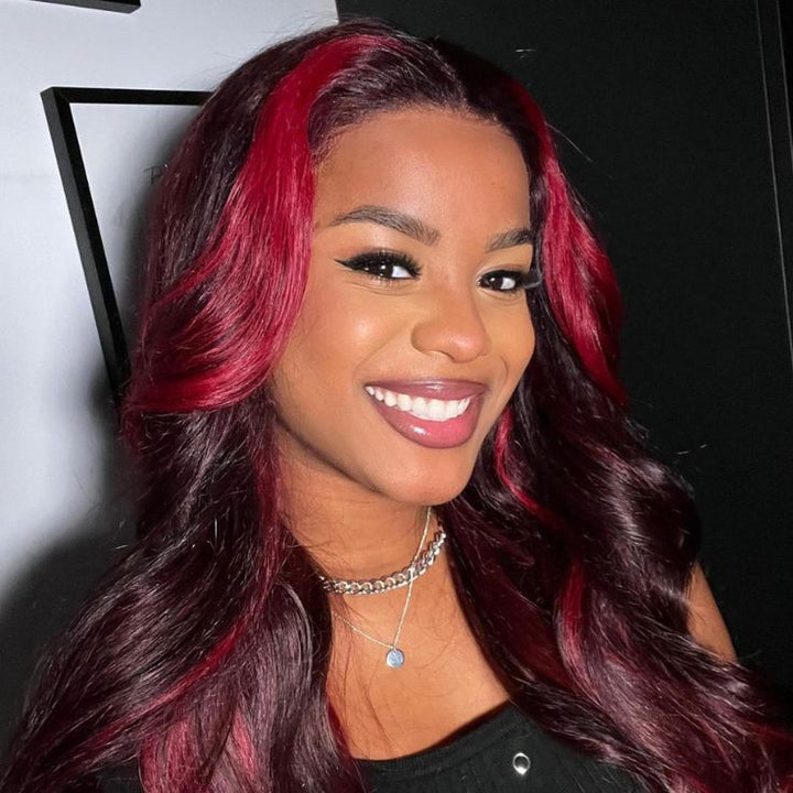 Highlight Rose Red With Dark Burgundy Loose Wave 13x4 Front Wig Colored Human Hair Wigs