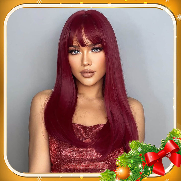 Burgundy Straight Wig Full Machine Made Scalp With Bangs #99j Remy Brazilian Human Hair Wigs