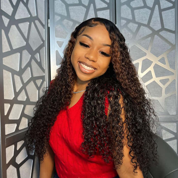 Curly Lace Closure Wig Highlight Brown Colored Lace Frontal Human Hair Wigs