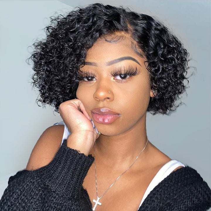 Short Curly Side Part 13x1 T Lace Bob Human Hair Wigs Pixie Cut